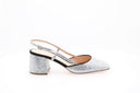 Sandale à talon Rupert Sanderson Otranto Lady argentée avec paillettes, bout carré, sangle élégante et finition cuir luxe